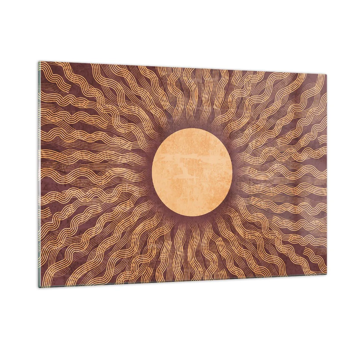 Quadro su vetro - Un sole stilizzato con raggi a forma di linee ondulate su uno sfondo marrone. - 120x80cm - L'icona del sole - Decorazione murale moderna per soggiorno e camera da letto ARTTOR
