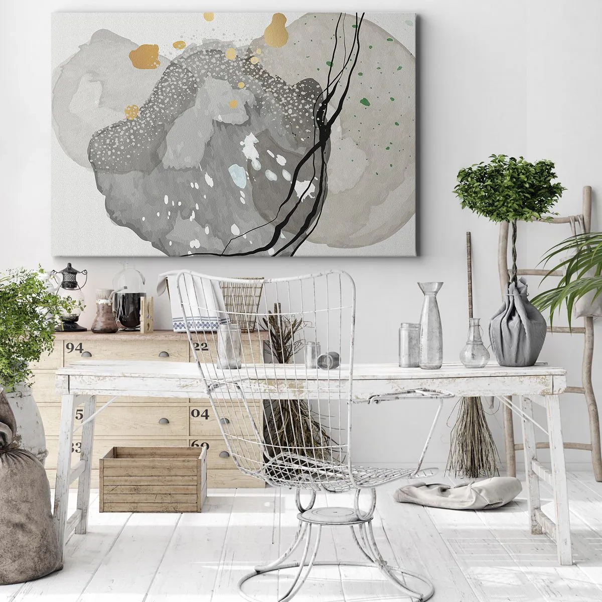 Quadro su tela - Stampe su Tela - Forme organiche in tonalità di grigio con accenti di nero e oro - 120x80cm - Composizione organica - Decorazione murale moderna per soggiorno e camera da letto ARTTOR