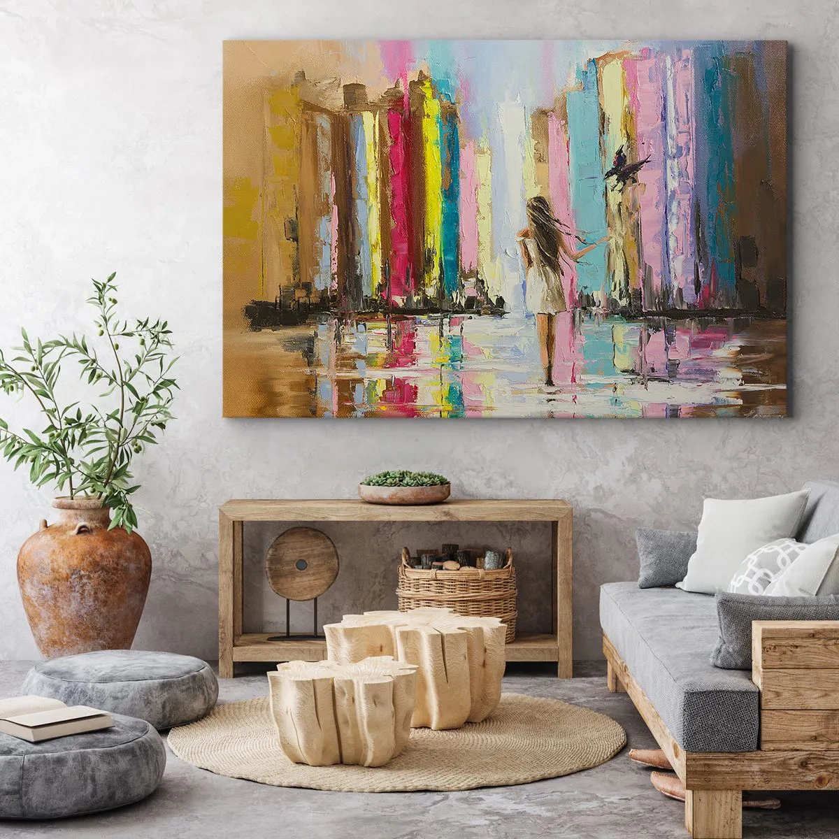Quadro su tela - Stampe su Tela - Una città colorata e una donna in abito bianco con un uccello - 70x50cm - Seguimi - Decorazione murale moderna per soggiorno e camera da letto ARTTOR