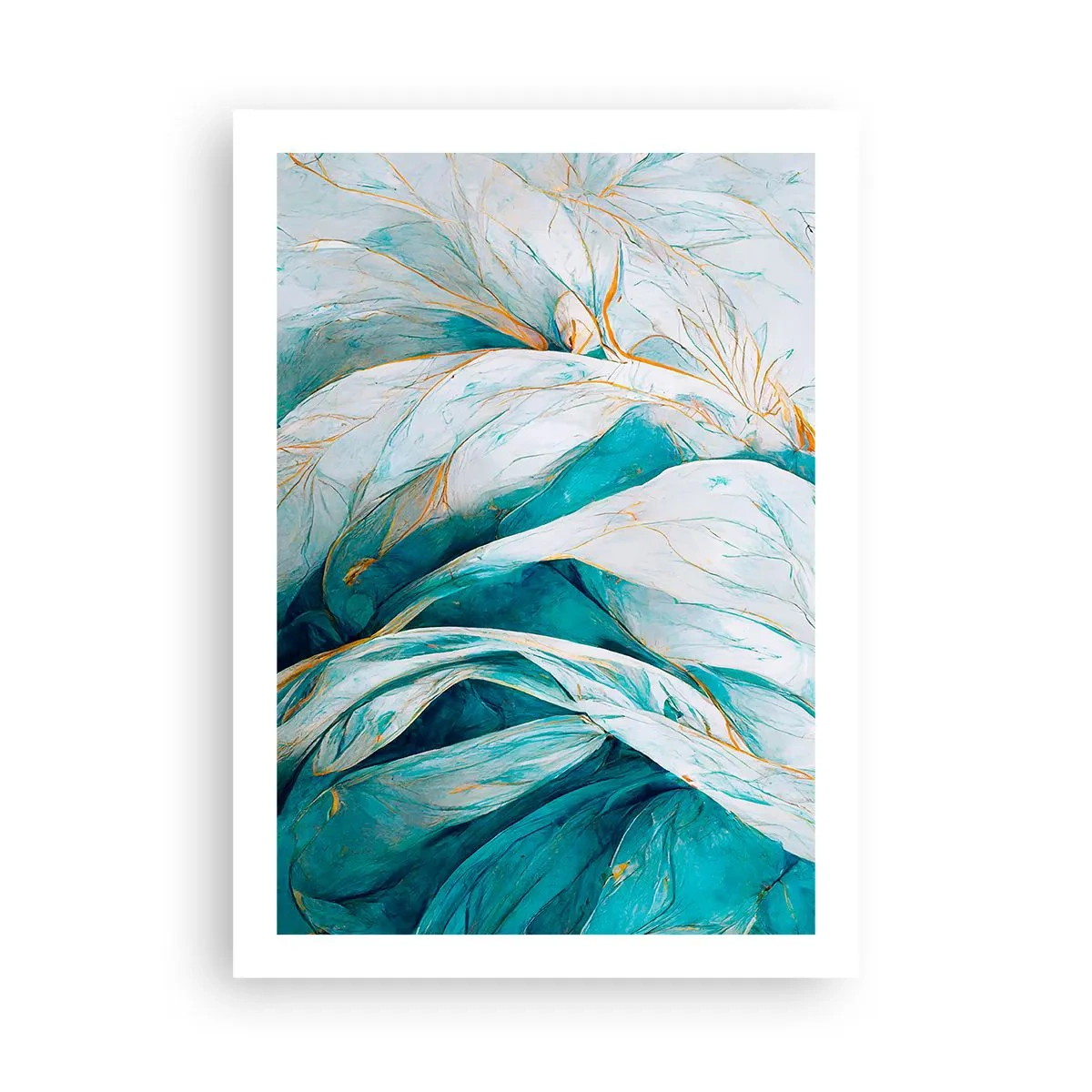 Poster - Foglie astratte nei toni del turchese e del bianco con delicato oro - 50x70cm - Astrazione blu con motivi d'oro - Decorazione murale moderna per soggiorno e camera da letto ARTTOR