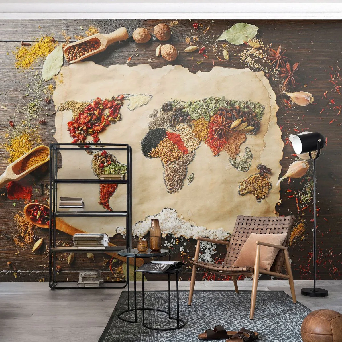 Fotomurali Standard Eco - Tutti i gusti del mondo - Gastronomia, Mappa del mondo, Spezie secche - 350x256 cm