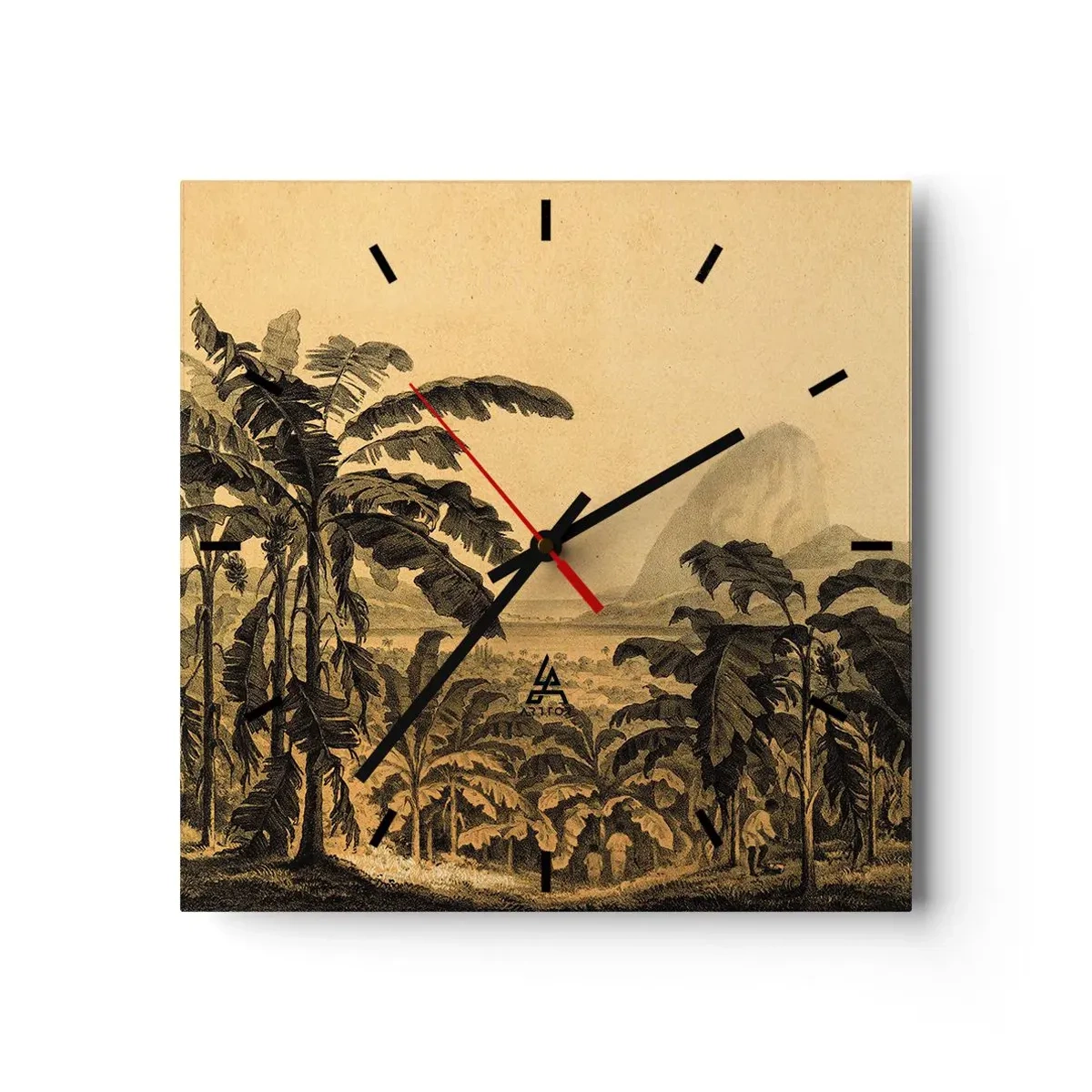 Orologio da parete - Orologio in Vetro - Disegno di alberi di banana su uno sfondo di paesaggio tropicale - 30x30cm - Nel clima coloniale - Decorazione murale moderna per soggiorno e camera da letto ARTTOR