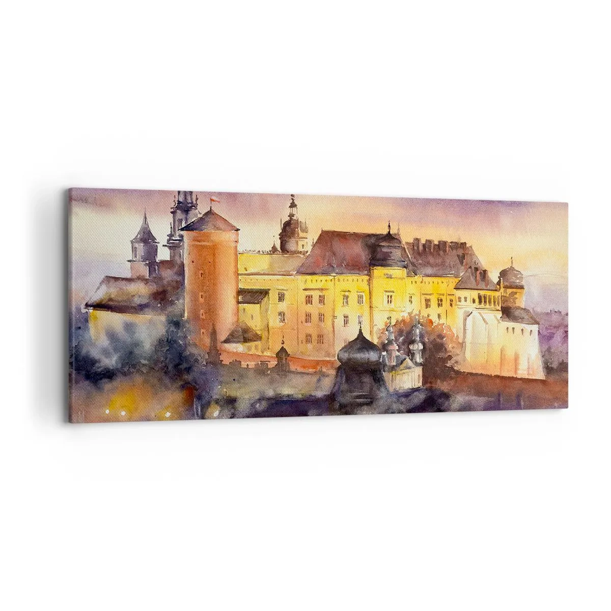 Quadro su tela - Stampe su Tela - Un pittoresco dipinto ad acquerello di un castello al tramonto - 120x50cm - Storia e fiaba - Decorazione murale moderna per soggiorno e camera da letto ARTTOR