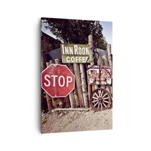 Quadro su tela - Stampe su Tela - Decorazioni rustiche con cartelli e una ruota sulla recinzione - 70x100cm - E il tempo si è fermato - Decorazione murale moderna per soggiorno e camera da letto ARTTOR