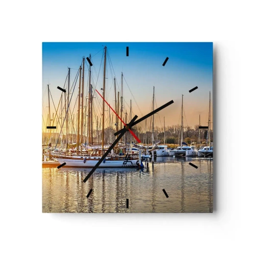 Orologio da parete - Orologio in Vetro - Tramonto su un porto turistico pieno di barche a vela - 30x30cm - Anche il vento va a dormire - Decorazione murale moderna per soggiorno e camera da letto ARTTOR