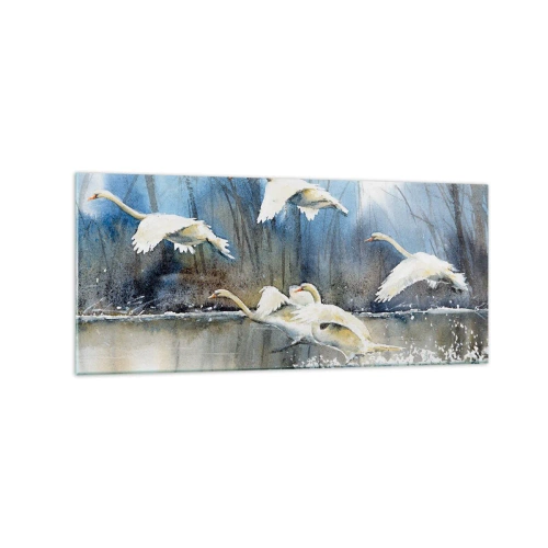 Quadro su vetro - Cigni in volo sopra un lago ghiacciato in un paesaggio invernale - 120x50cm - Come la favola dei cigni selvatici - Decorazione murale moderna per soggiorno e camera da letto ARTTOR
