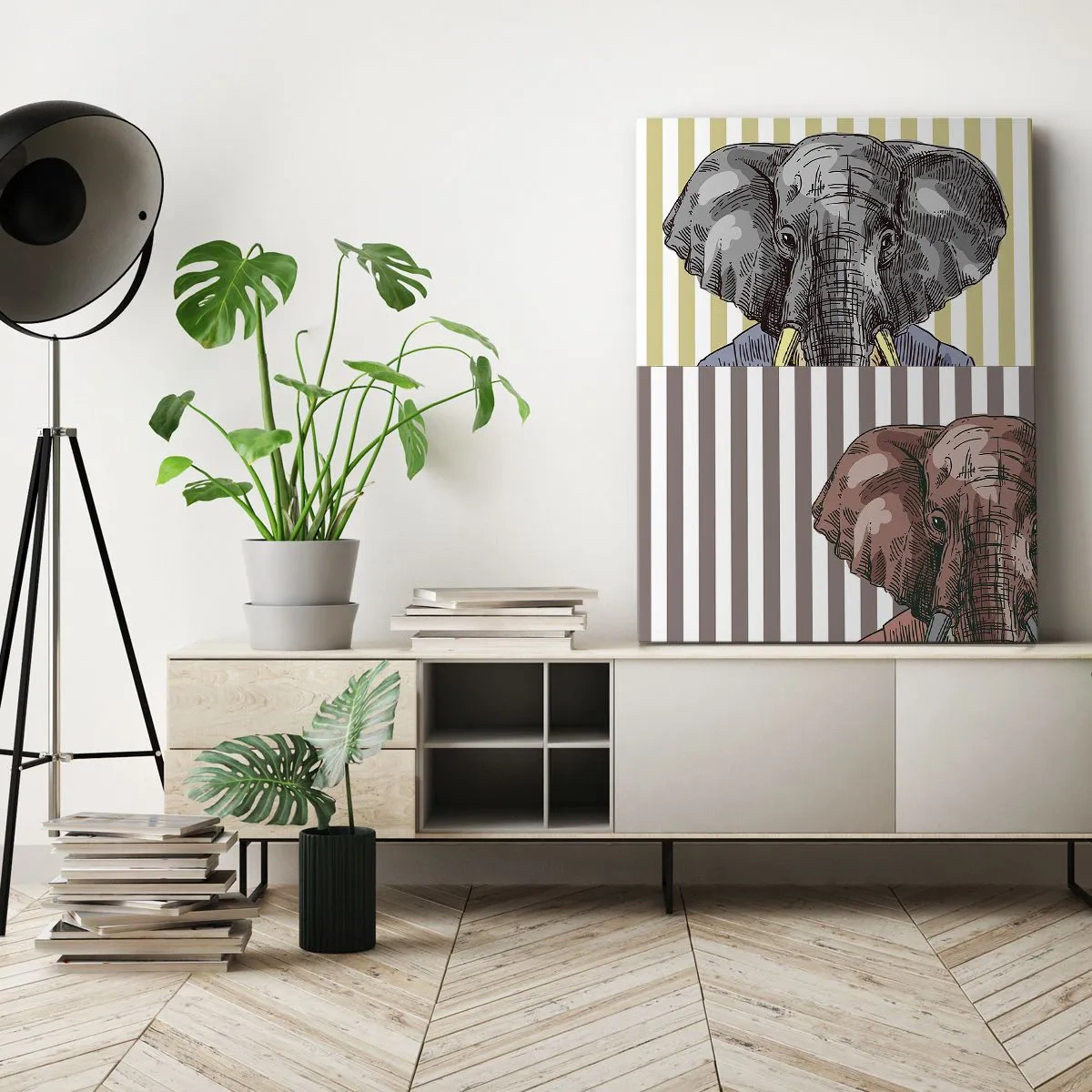 Quadro su tela - Stampe su Tela - Un elefante in abito su uno sfondo di strisce beige - 50x70cm - Elegante di natura - Decorazione murale moderna per soggiorno e camera da letto ARTTOR