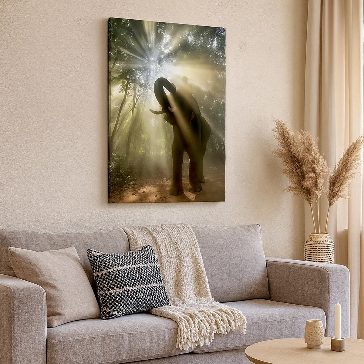 Quadro su tela - Stampe su Tela - Un elefante nella foresta circondato da raggi di luce nella nebbia mattutina - 50x70cm - Sotto una stella fortunata - Decorazione murale moderna per soggiorno e camera da letto ARTTOR