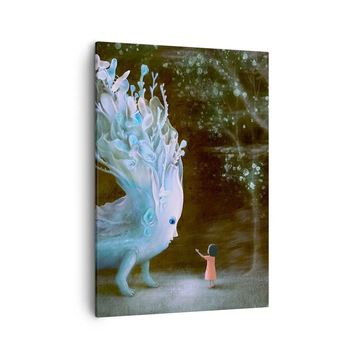 Quadro su tela - Stampe su Tela - La figura di una ragazza di fronte a una creatura fantastica - 50x70cm - Incontro fantastico - Decorazione murale moderna per soggiorno e camera da letto ARTTOR