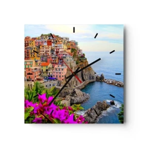 Orologio da parete - Orologio in Vetro - Case colorate su una scogliera a picco sul mare in un paesaggio pittoresco - 30x30cm - La città che ride - Decorazione murale moderna per soggiorno e camera da letto ARTTOR