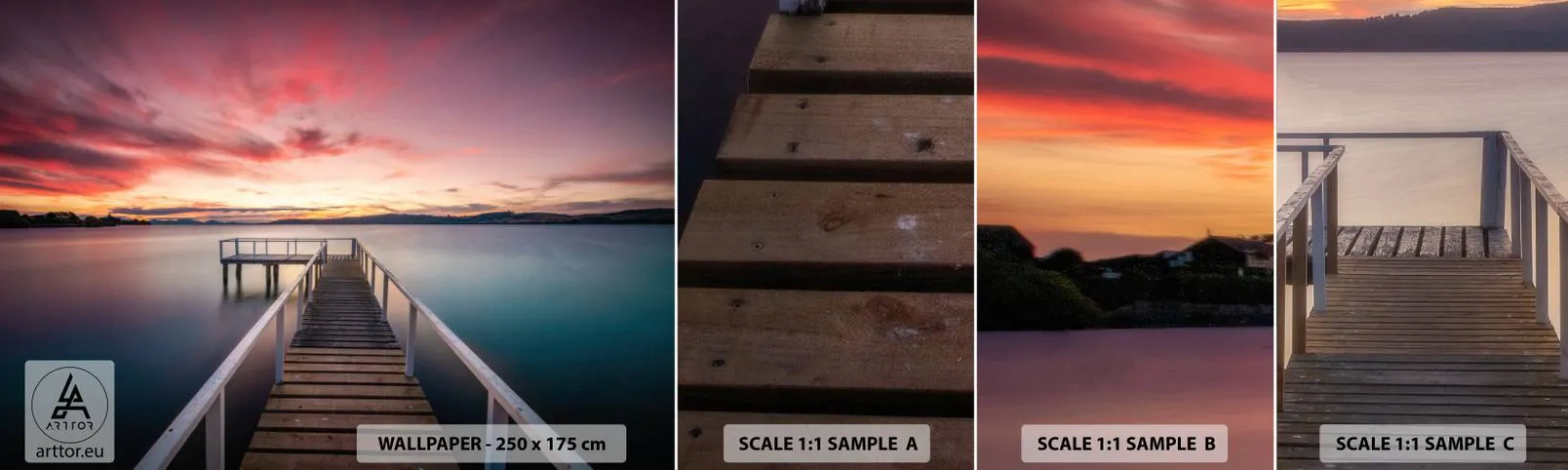 Campione Di Fotomurale Standard Eco - La fiamma mite della sera - Paesaggio, Tramonto, Molo di legno - 100x30 cm