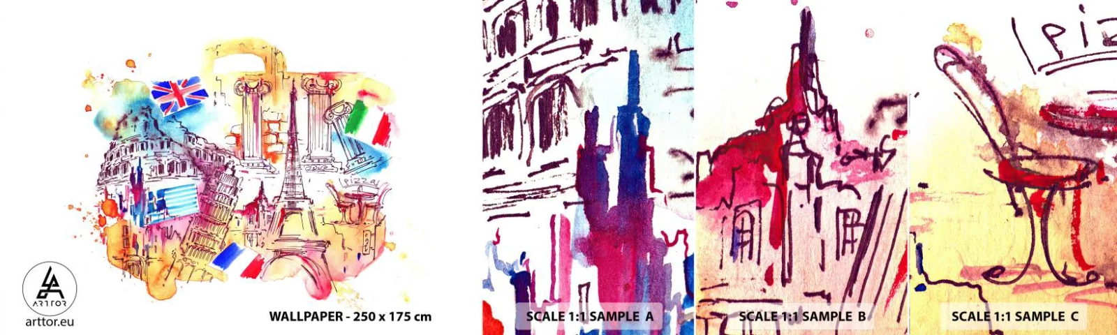 Campione Di Fotomurale Standard Eco - Tournée europea - Astrazione, Viaggi, Valigia - 100x30 cm