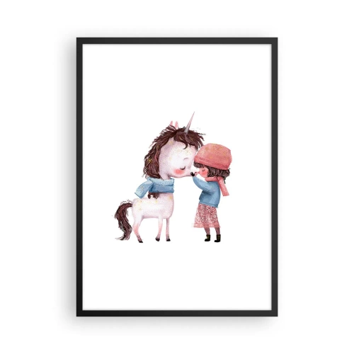Poster in cornice nera - Una ragazza e un unicorno in abiti invernali si abbracciano - 50x70cm - Racconto d'inverno - Decorazione murale moderna per soggiorno e camera da letto ARTTOR