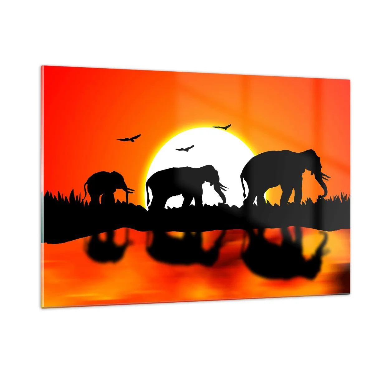 Quadro su vetro - Sagome di elefanti contro il sole al tramonto - 120x80cm - Un piccolo drink la sera - Decorazione murale moderna per soggiorno e camera da letto ARTTOR