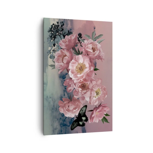 Quadro su tela - Stampe su Tela - Peonie rosa con farfalla su sfondo pastello - 80x120cm - L'apice della romanticità - Decorazione murale moderna per soggiorno e camera da letto ARTTOR