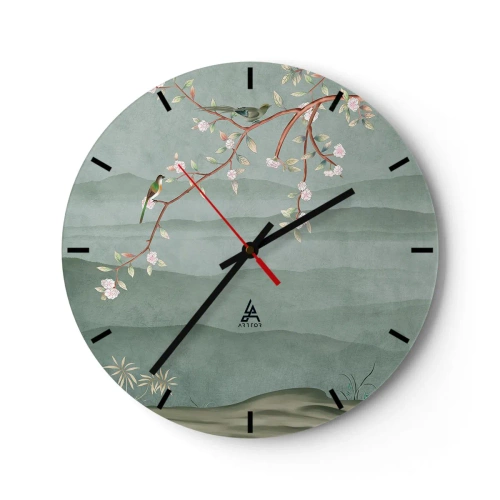 Orologio da parete - Orologio in Vetro - Un ramo con fiori e uccelli sullo sfondo di verdi colline - 30x30cm - Eccoti primavera - Decorazione murale moderna per soggiorno, cucina e camera da letto ARTTOR