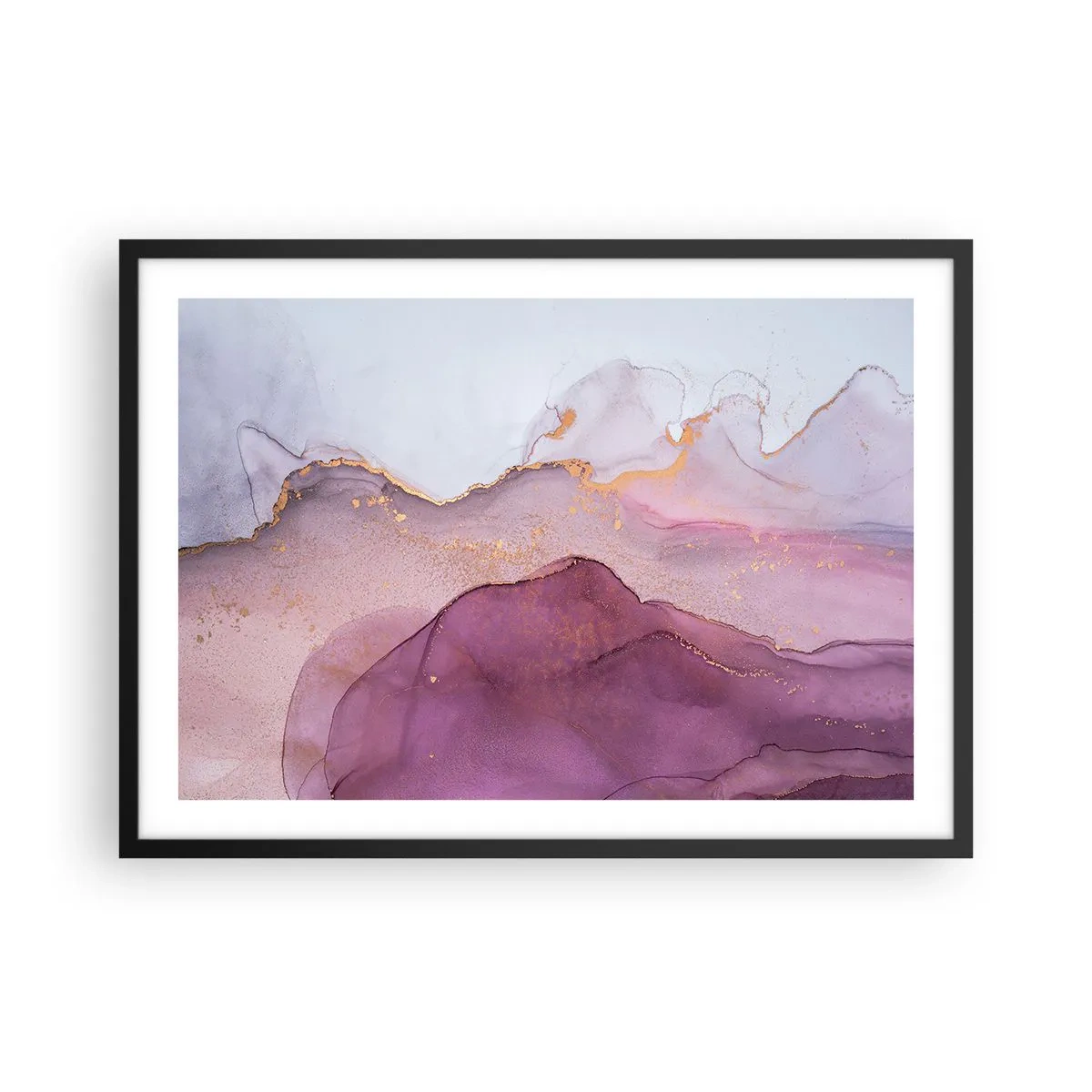 Poster in cornice nera - Una composizione astratta nei toni del viola e dell'oro. - 70x50cm - Onde di lilla e viola - Decorazione murale moderna per soggiorno e camera da letto ARTTOR