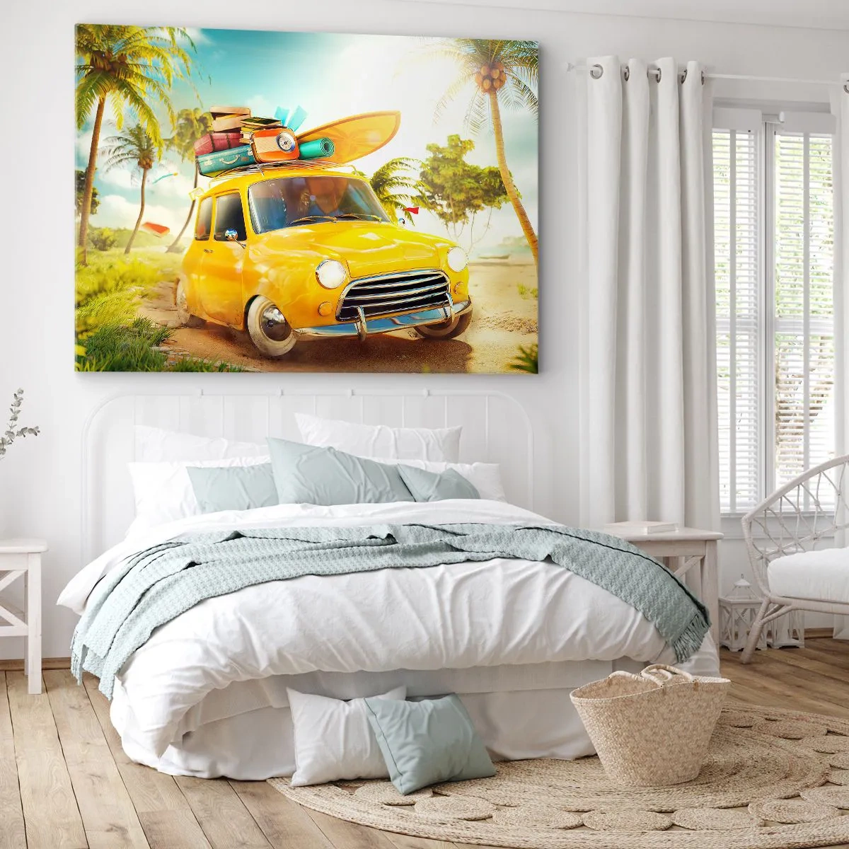 Quadro su tela - Stampe su Tela - Un'auto gialla con bagagli sullo sfondo di un paesaggio tropicale - 120x80cm - Viaggio nel paese dei sorrisi - Decorazione murale moderna per soggiorno e camera da letto ARTTOR