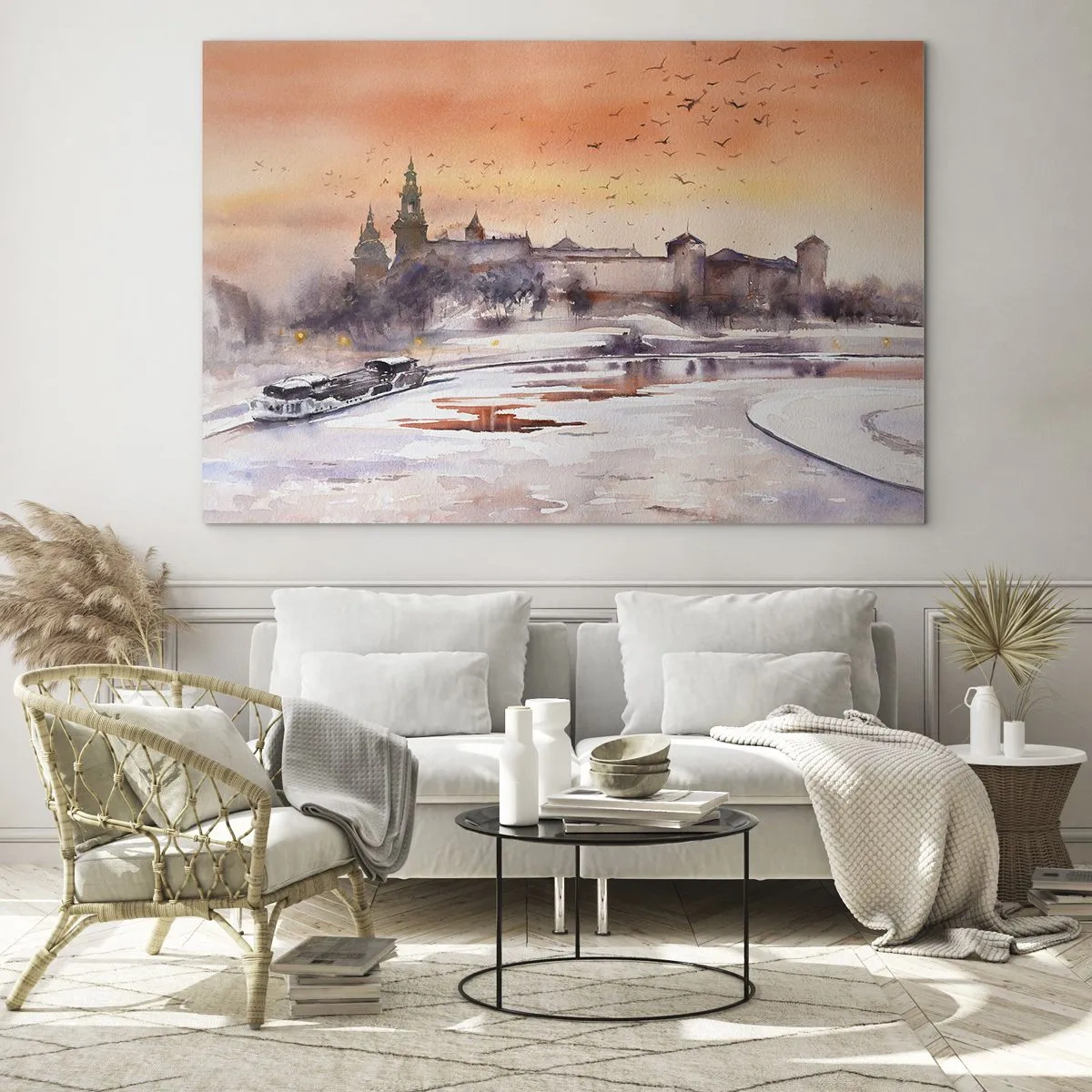 Quadro su vetro - Tramonto sul castello reale e sul fiume in inverno - 100x70cm - Tramonto reale - Decorazione murale moderna per soggiorno e camera da letto ARTTOR