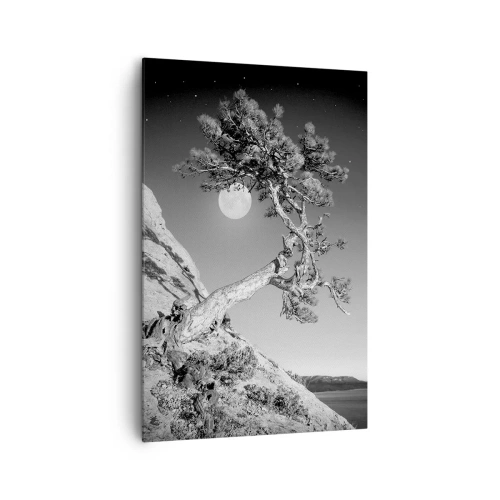 Quadro su tela - Stampe su Tela - Albero bianco e nero su una scogliera con la luna sullo sfondo - 80x120cm - Guerriera vittoriosa  - Decorazione murale moderna per soggiorno e camera da letto ARTTOR