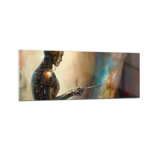 Quadro su vetro - Un robot che dipinge su una tela in stile artistico - 140x50cm - L'arte del futuro - Decorazione murale moderna per soggiorno e camera da letto ARTTOR