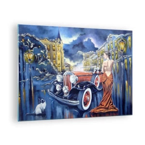 Quadro su vetro - Una donna in un abito elegante accanto a un'auto d'epoca - 70x50cm - Notturno in blu e coralli - Decorazione murale moderna per soggiorno e camera da letto ARTTOR