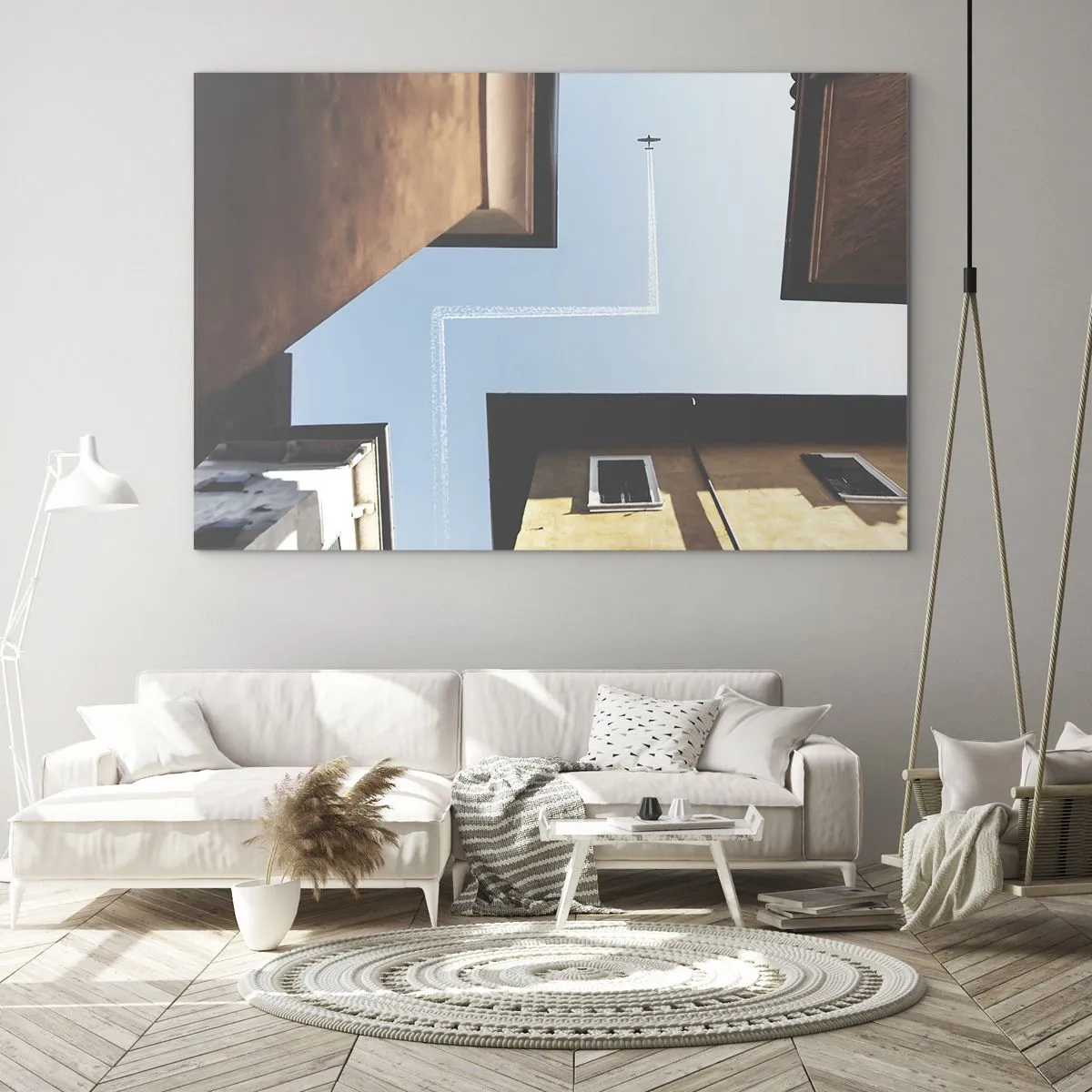 Quadro su vetro - Un aereo sopra la città visto da un cortile tra case popolari - 100x70cm - Sopra il labirinto urbano - Decorazione murale moderna per soggiorno e camera da letto ARTTOR