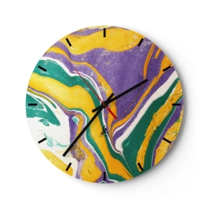 Orologio da parete - Orologio in Vetro - Motivi astratti nelle tonalità del viola, giallo e verde - 30x30cm - Onde di colore - Decorazione murale moderna per soggiorno, cucina e camera da letto ARTTOR