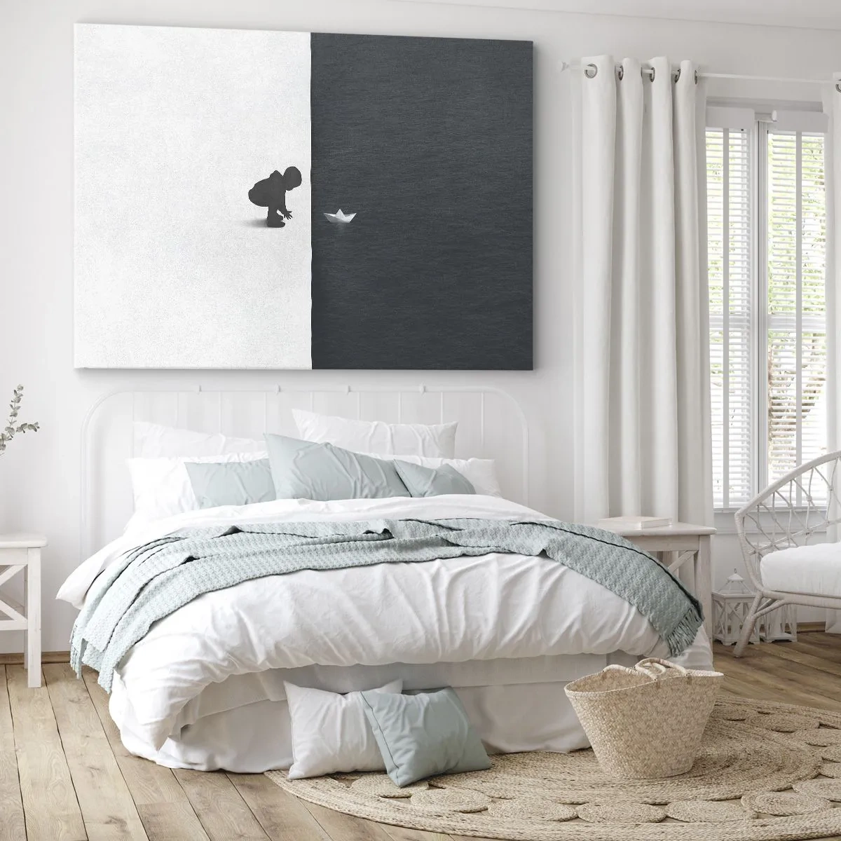 Quadro su tela - Stampe su Tela - La figura di un bambino con una barchetta di carta su uno sfondo di metà contrastanti - 120x80cm - La grande spedizione - Decorazione murale moderna per soggiorno e camera da letto ARTTOR