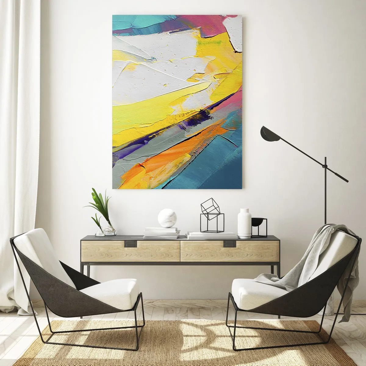 Quadro su vetro - Pennellate astratte in giallo, blu e bianco - 50x70cm - Anatomia della luce - Decorazione murale moderna per soggiorno e camera da letto ARTTOR