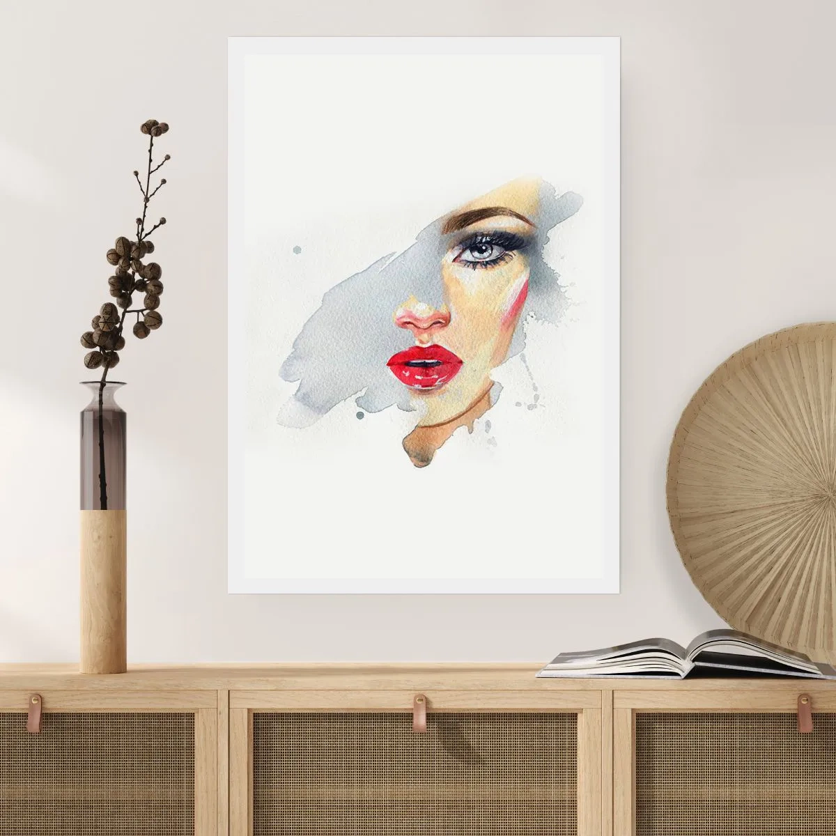 Poster - Ritratto ad acquerello di una donna con labbra rosse - 50x70cm - Riflesso in una goccia d'acqua - Decorazione murale moderna per soggiorno e camera da letto ARTTOR