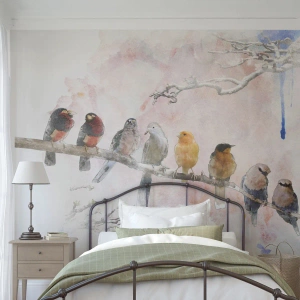 Fotomurali Standard Eco - Uccelli acquerellati seduti su un ramo in colori pastello - 100x70cm - Incontro alato - Decorazione murale moderna per soggiorno e camera da letto ARTTOR