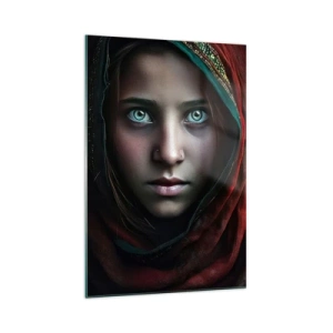 Quadro su vetro - Ritratto di donna dallo sguardo intenso dai colori caldi - 70x100cm - Principessa d'oriente - Decorazione murale moderna per soggiorno e camera da letto ARTTOR