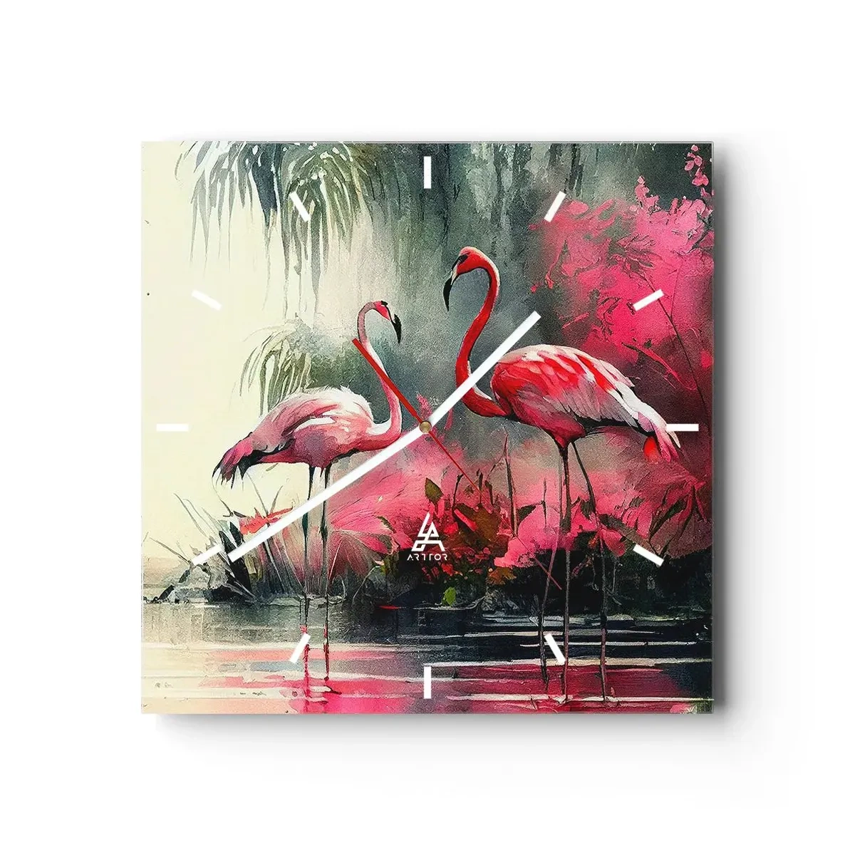 Orologio da parete - Orologio in Vetro - Fenicotteri in riva all'acqua circondati dalla vegetazione - 30x30cm - Lezione di naturale eleganza  - Decorazione murale moderna per soggiorno e camera da letto ARTTOR