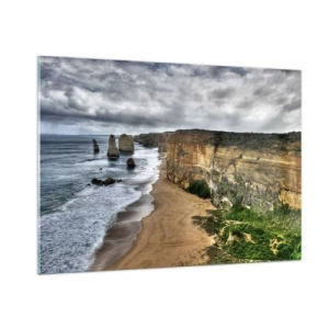 Quadro su vetro - Scogliere che si affacciano sull'oceano e sulla spiaggia sotto un cielo nuvoloso - 100x70cm - Bellezza selvatica - Decorazione murale moderna per soggiorno e camera da letto ARTTOR