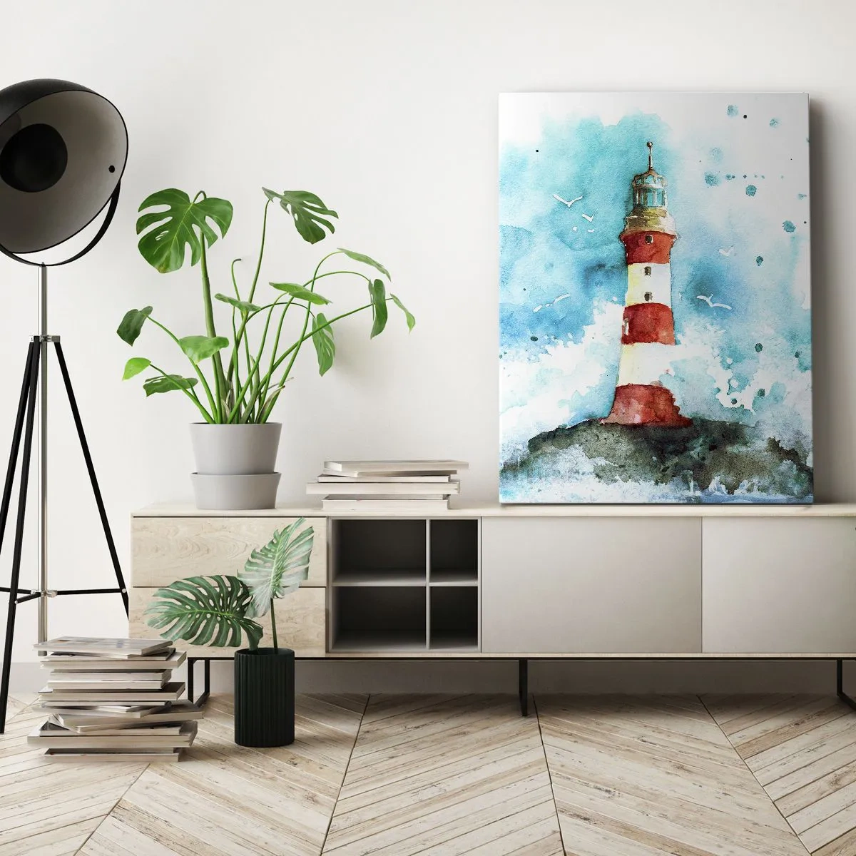 Quadro su tela - Stampe su Tela - Un faro in un ambiente acquerello con uno sfondo blu - 80x120cm - L'unità dei quattro elementi - Decorazione murale moderna per soggiorno e camera da letto ARTTOR
