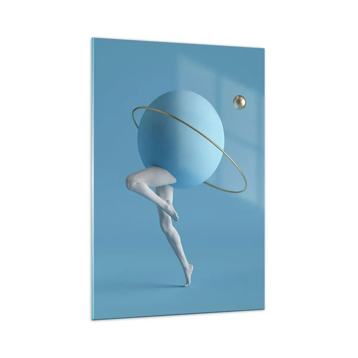 Quadro su vetro - Una sfera blu con un'orbita e gambe umane contro il cielo - 70x100cm - E i pianeti folleggiano - Decorazione murale moderna per soggiorno e camera da letto ARTTOR