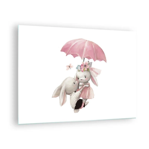 Quadro su vetro - Due conigli sotto un ombrello rosa in una scena romantica - 70x50cm - Questo è proprio amore - Decorazione murale moderna per soggiorno e camera da letto ARTTOR