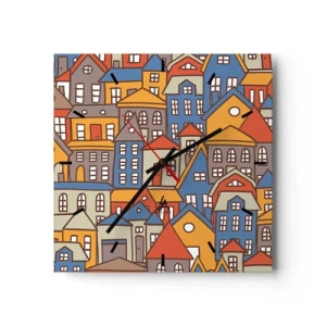 Orologio da parete - Orologio in Vetro - Case colorate in stile grafico su sfondo chiaro - 30x30cm - Una casa dietro l'altra - Decorazione murale moderna per soggiorno e camera da letto ARTTOR