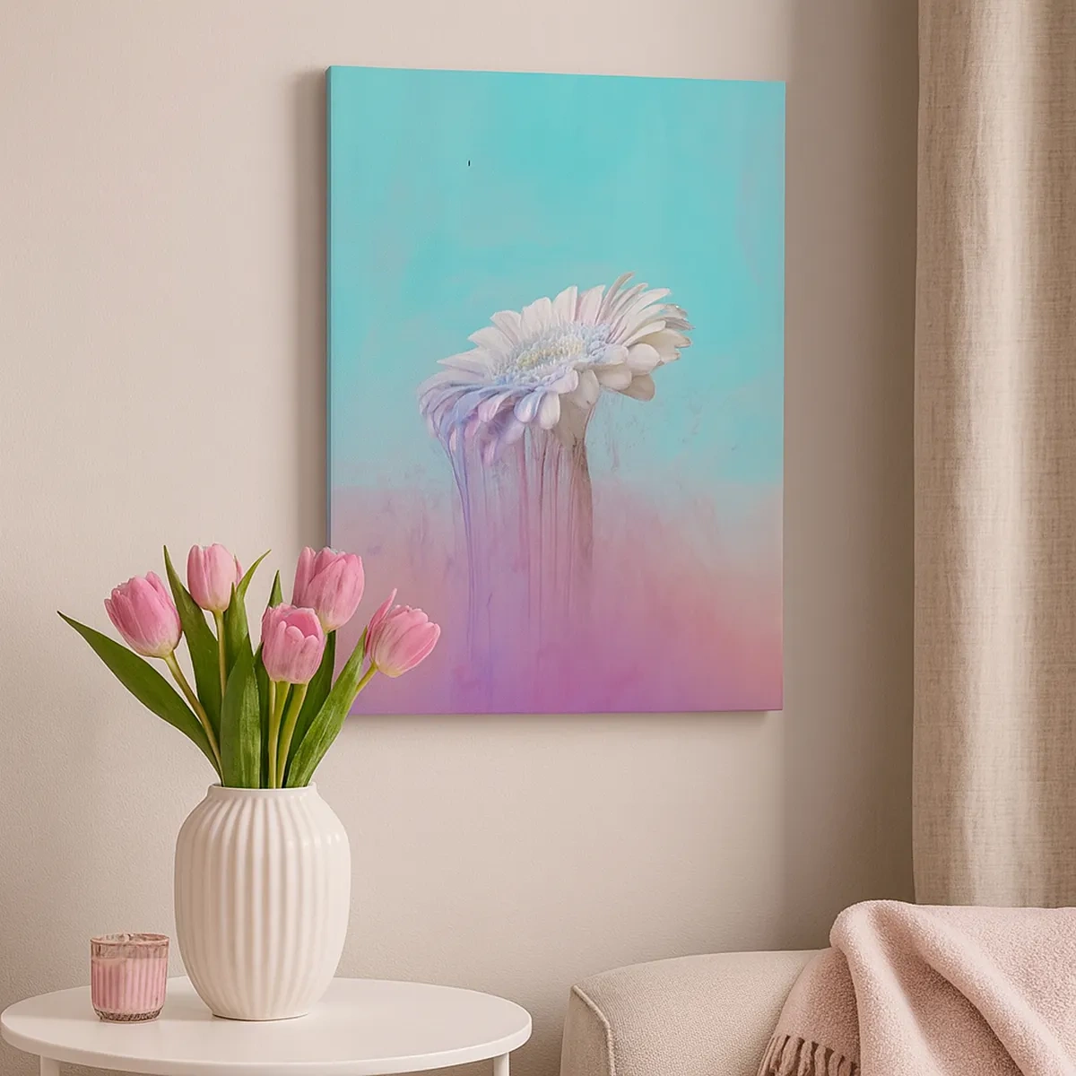 Quadro su tela - Stampe su Tela - Gerbera pastello con effetto sfocato - 50x70cm - L'aldilà dei fiori - Decorazione murale moderna per soggiorno e camera da letto ARTTOR