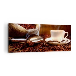 Quadro su tela - Stampe su Tela - Una tazza di caffè con chicchi di caffè e un sacco di cereali sullo sfondo - 120x50cm - Senti questo odore? - Decorazione murale moderna per soggiorno e camera da letto ARTTOR
