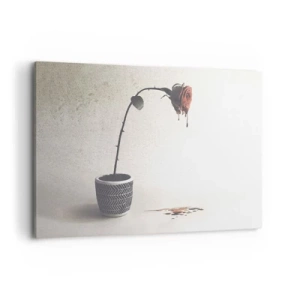 Quadro su tela - Stampe su Tela - Una rosa rossa in un vaso con gocce di tintura su uno sfondo bianco - 120x80cm - Rosa dolorosa - Decorazione murale moderna per soggiorno e camera da letto ARTTOR