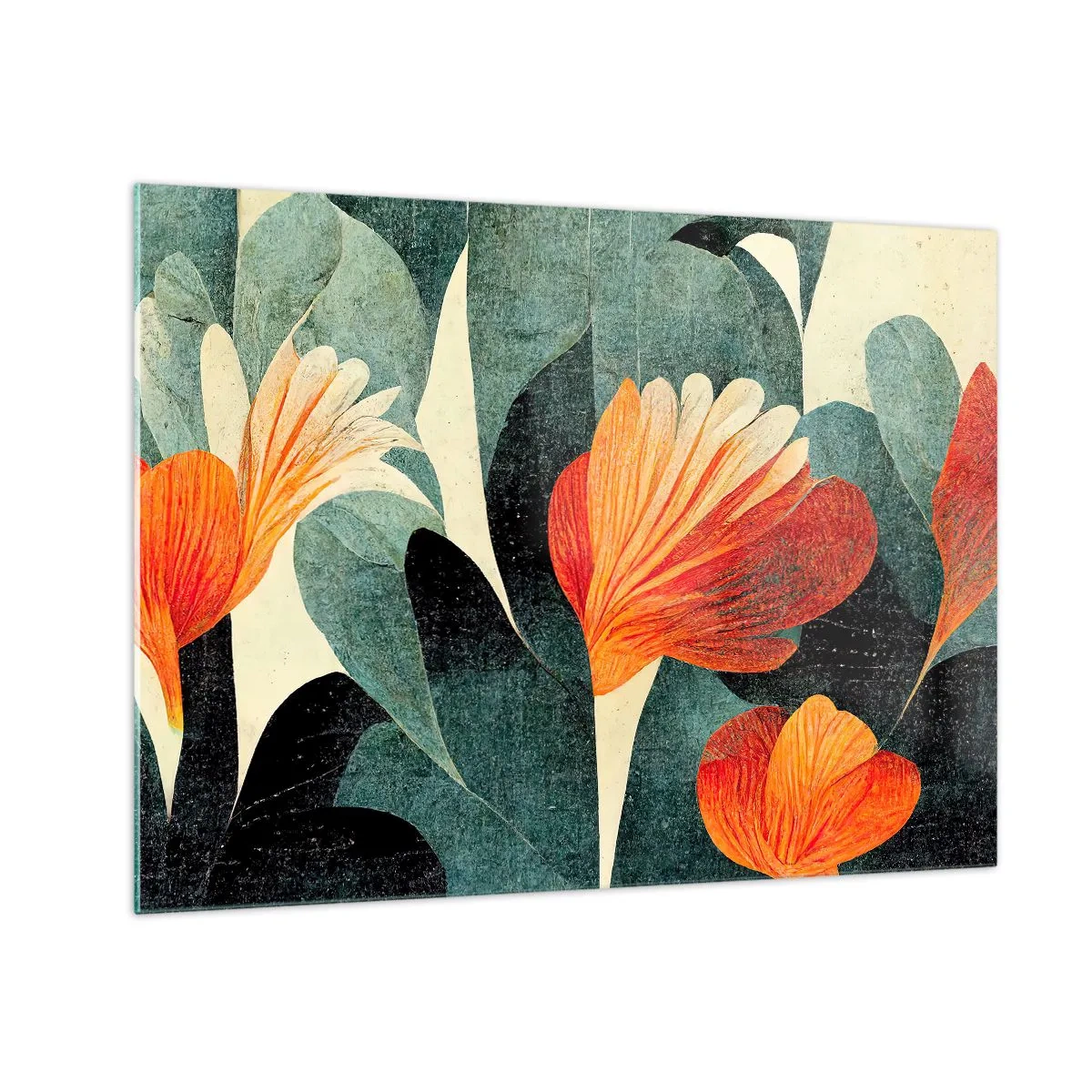 Quadro su vetro - Fiori arancioni su uno sfondo di foglie verde scuro - 70x50cm - Caldo dei tropici e fresco del verde - Decorazione murale moderna per soggiorno e camera da letto ARTTOR