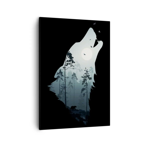 Quadro su tela - Stampe su Tela - Silhouette di un lupo con una foresta e la luna sullo sfondo - 50x70cm - Voce di una notte boschiva - Decorazione murale moderna per soggiorno e camera da letto ARTTOR