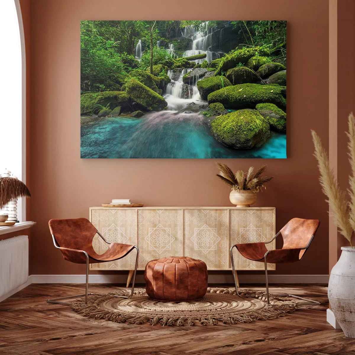 Quadro su tela - Stampe su Tela - Una cascata tropicale circondata dal verde e dall'acqua turchese - 70x50cm - Turchese, zaffiro e argento liquido - Decorazione murale moderna per soggiorno e camera da letto ARTTOR