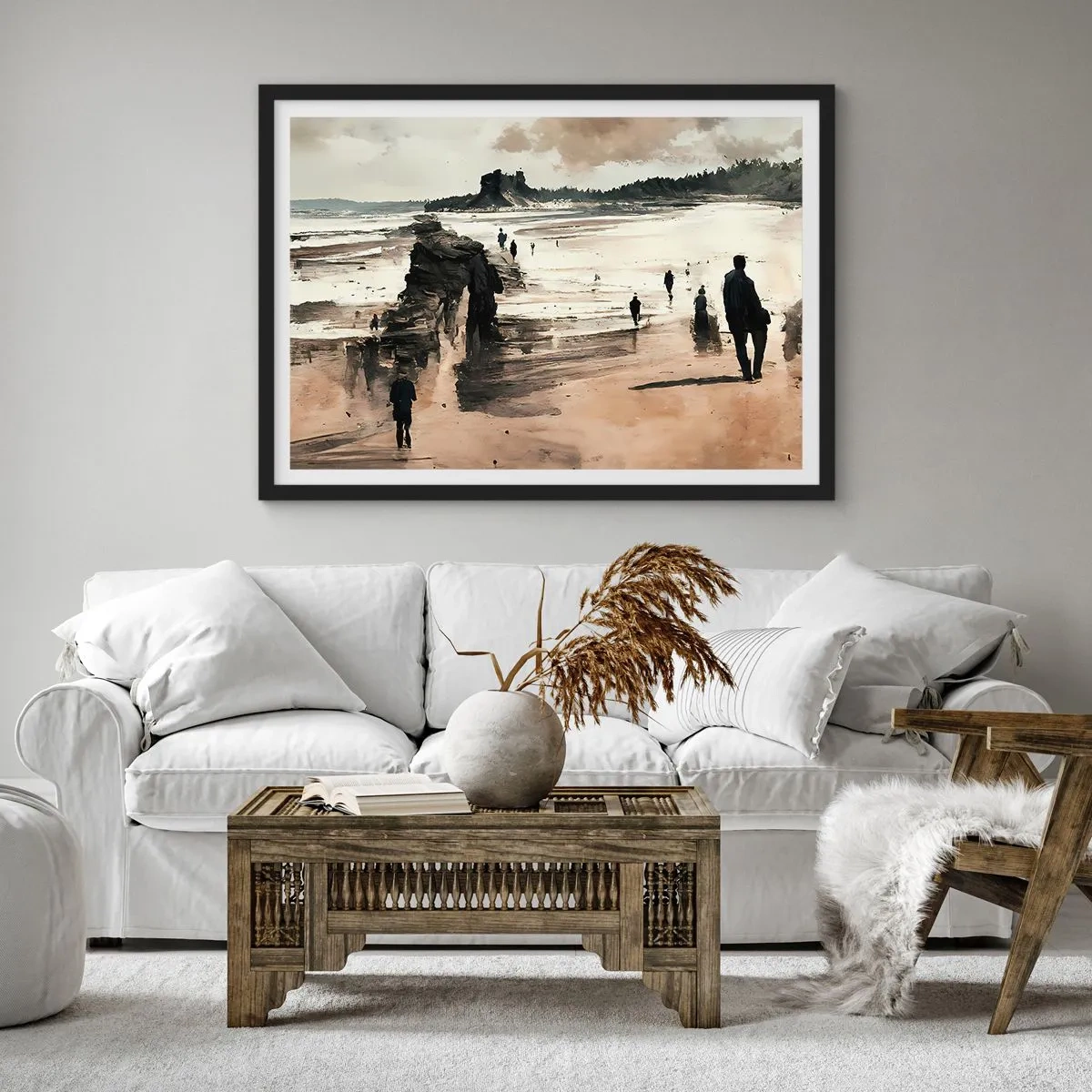 Poster in cornice nera - Passeggiatori sulla spiaggia in un paesaggio tranquillo - 70x50cm - Convocati - Decorazione murale moderna per soggiorno e camera da letto ARTTOR