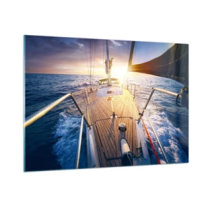 Quadro su vetro - Il ponte di una barca a vela sullo sfondo del sole al tramonto e delle onde del mare - 100x70cm - Correndo sulle onde - Decorazione murale moderna per soggiorno e camera da letto ARTTOR