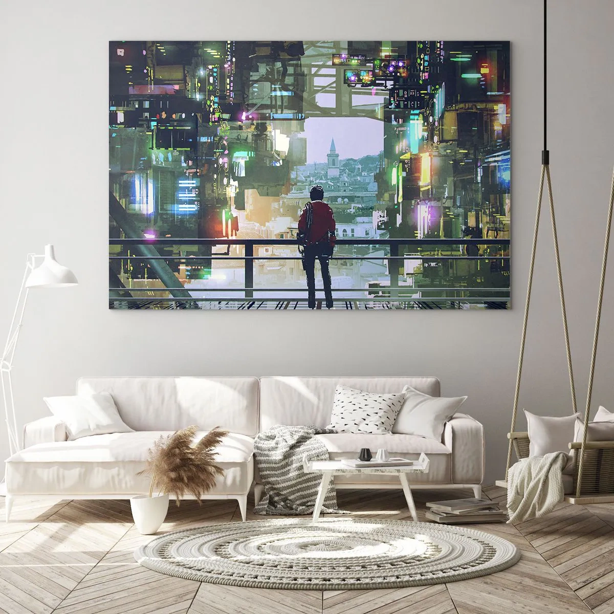 Quadro su vetro - Una figura sullo sfondo di una città futuristica con vista sulla città vecchia - 70x50cm - Due mondi - Decorazione murale moderna per soggiorno e camera da letto ARTTOR