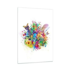 Quadro su vetro - Astrazione colorata con farfalle, fiori e piume su sfondo bianco - 50x70cm - Un mazzo di gioia - Decorazione murale moderna per soggiorno e camera da letto ARTTOR