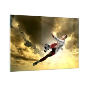 Quadro su vetro - Un giocatore di football in azione contro un cielo dorato - 100x70cm - Il cielo del calcio - Decorazione murale moderna per soggiorno e camera da letto ARTTOR